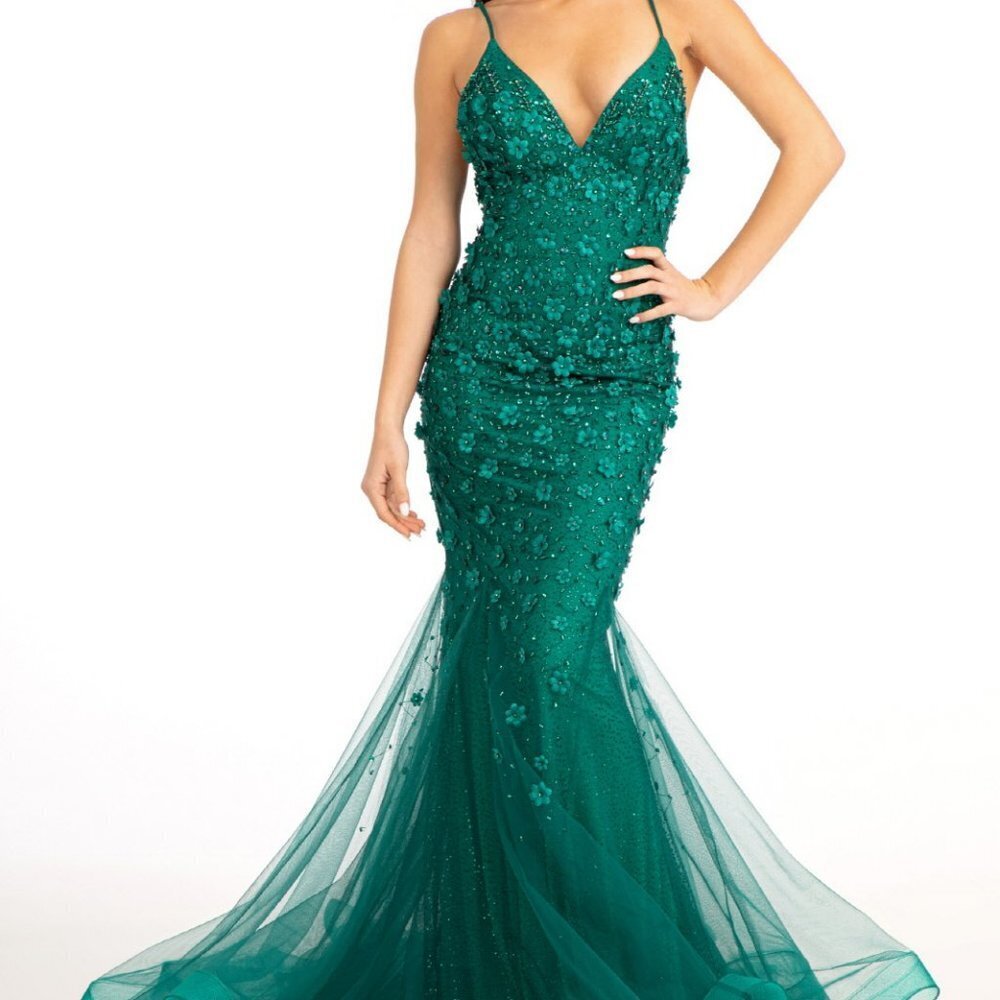 N/A EMERALD PARTY 3D Floral Applique V-Neck Spaghetti Strap Mesh Prom gl3000